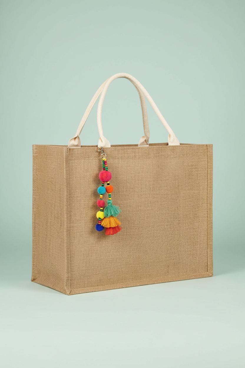Trifabricy jute beach bag showcasing detailed weave and waterproof finish on sea-glass backdrop