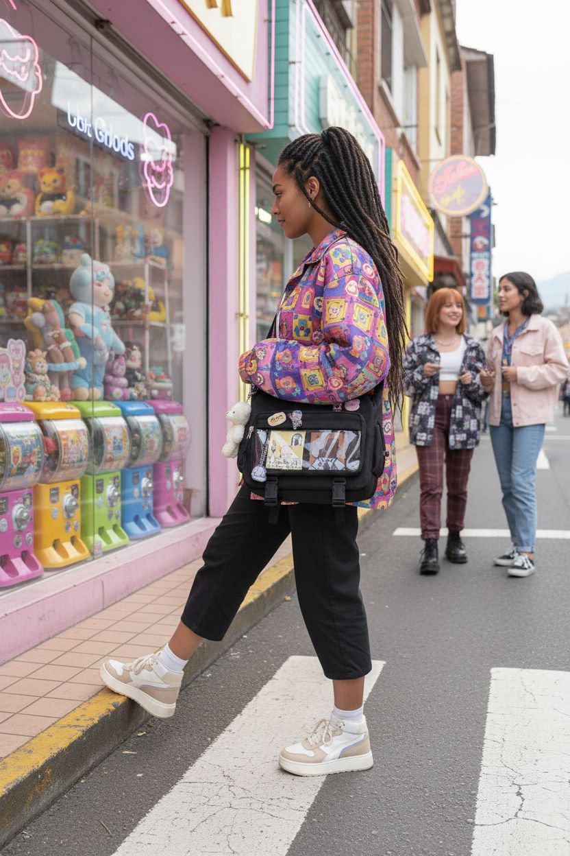 Black Ita Bag Crossbody by MILLEVIBE with pins and bear charm in a vibrant street setting, showcasing kawaii style.