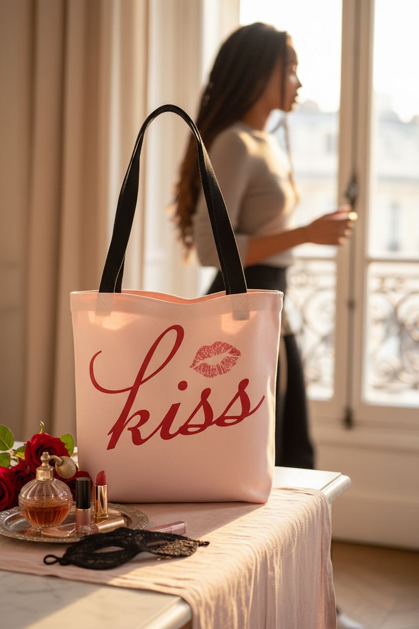Kiss Marry Kill tote bag on a marble vanity, a stylish addition to any makeup setup.