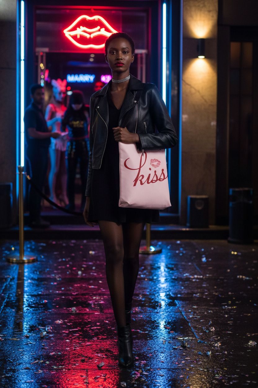 Kiss Marry Kill Girls Group Costume tote bag with red kiss script, stylish and vibrant.