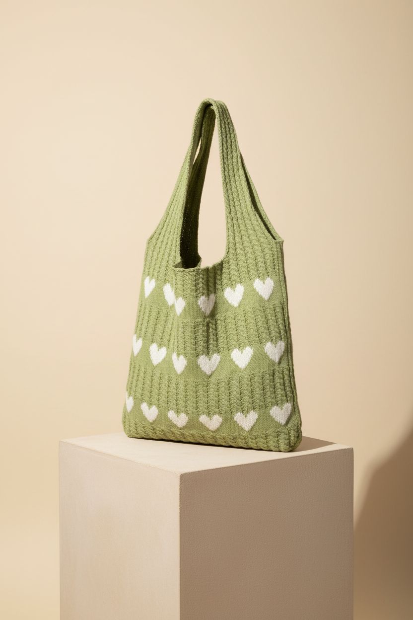 Close-up of green knit tote with white hearts on seamless backdrop, TWOYOMN crochet handbag