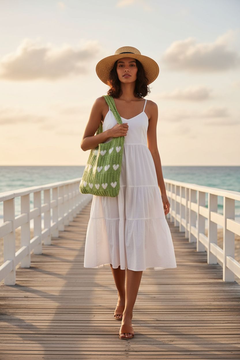 Green knit tote with white hearts on beach boardwalk, TWOYOMN crochet bags for summer