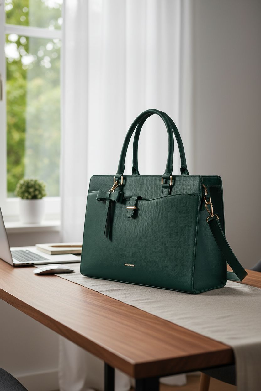 Missnine elegant laptop purse resting on walnut desk in a calm home-office setting.