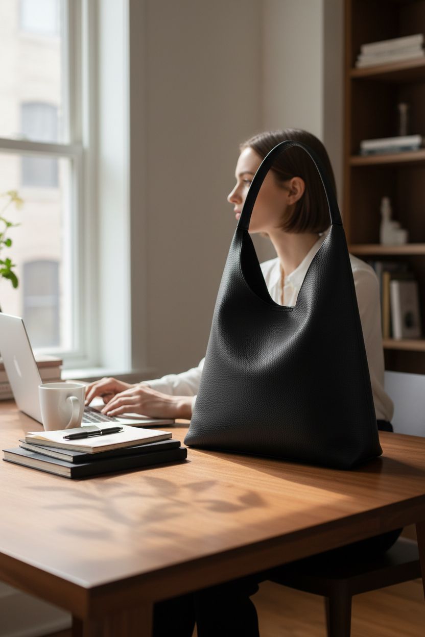 Large black hobo bag by HOXIS set in a cozy home office, emphasizing its elegant and functional design.