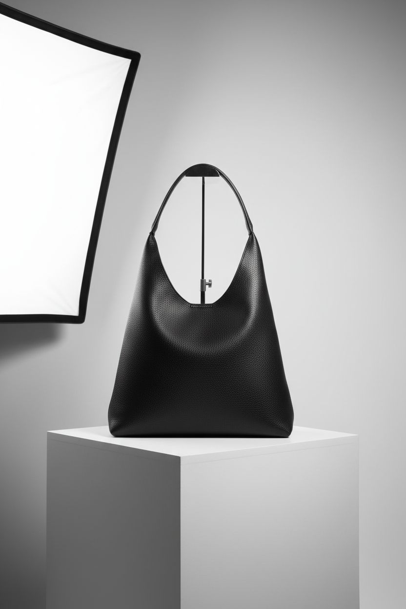 HOXIS black hobo bag on a minimalist display, showcasing its premium vegan leather craftsmanship.