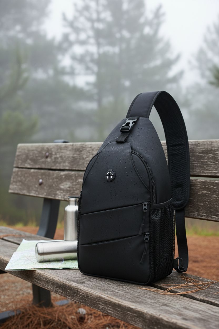 Pritent crossbody bag resting on a wooden bench, surrounded by nature, showcasing its durable design.