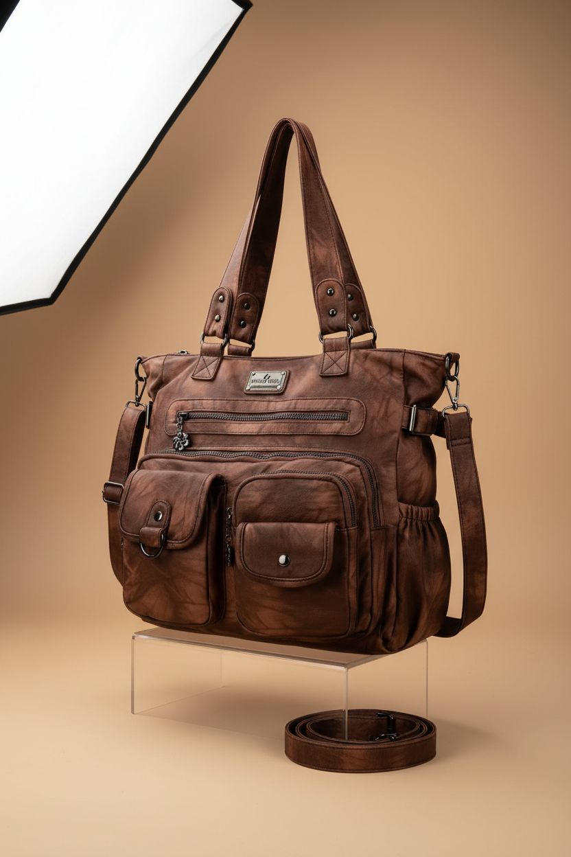 Product shot of Angel Kiss large purse on a sand backdrop, showing design details