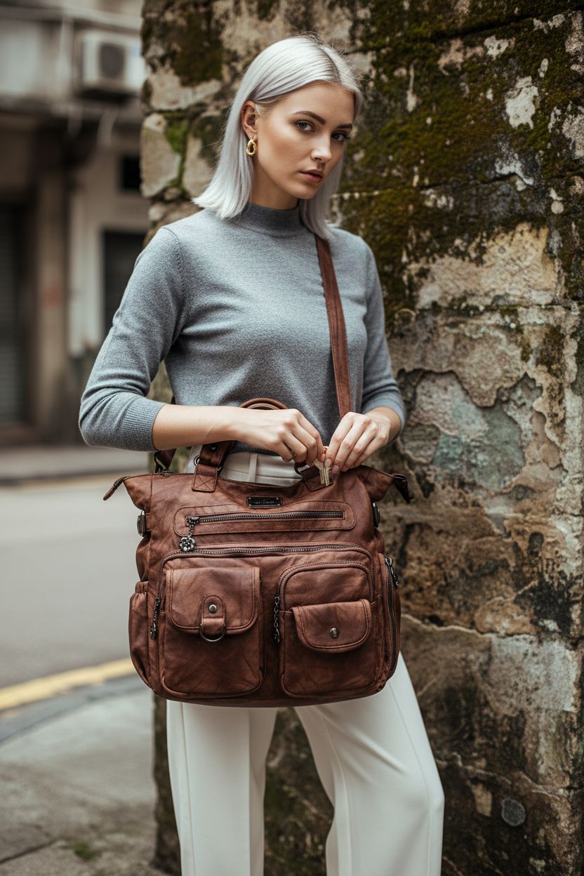 Brown Angel Kiss large purse worn crossbody, showcasing pockets and zippers