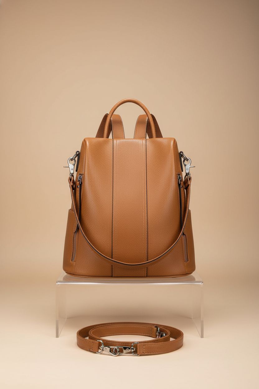 S-ZONE leather backpack on display, emphasizing its design and quality craftsmanship.