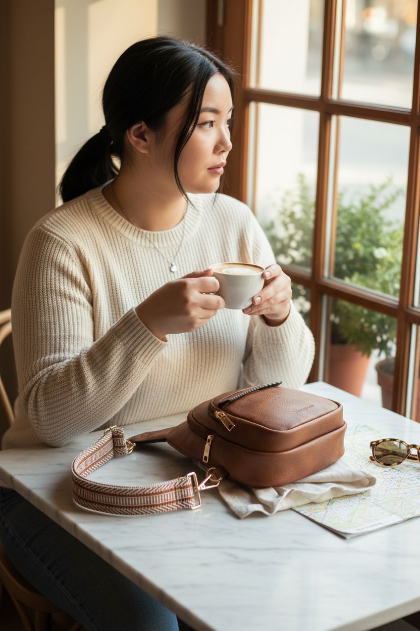BOSTANTEN sling bag on a marble table in a cozy café ambiance.
