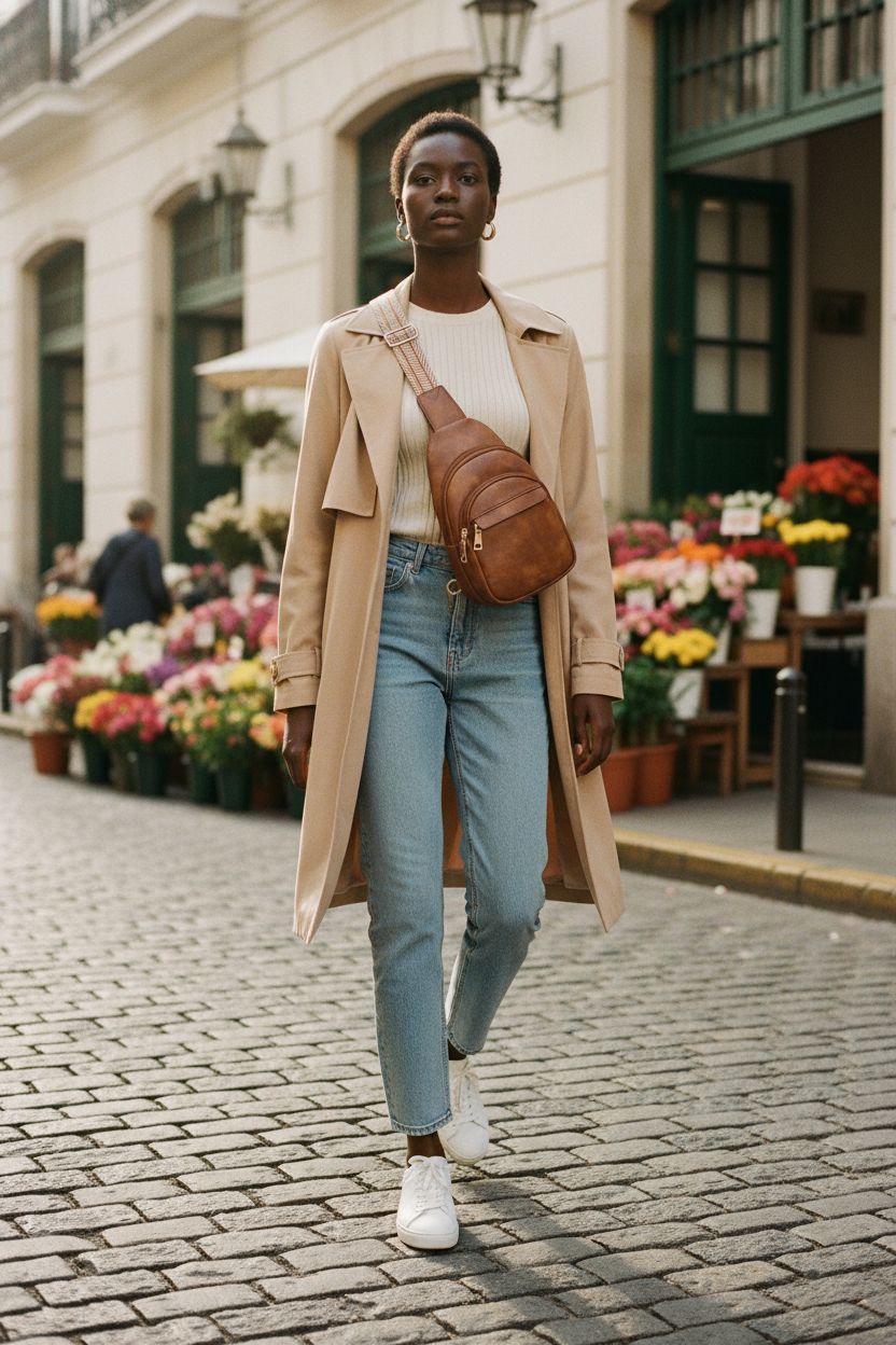 BOSTANTEN brown leather sling bag in a vibrant outdoor market setting.