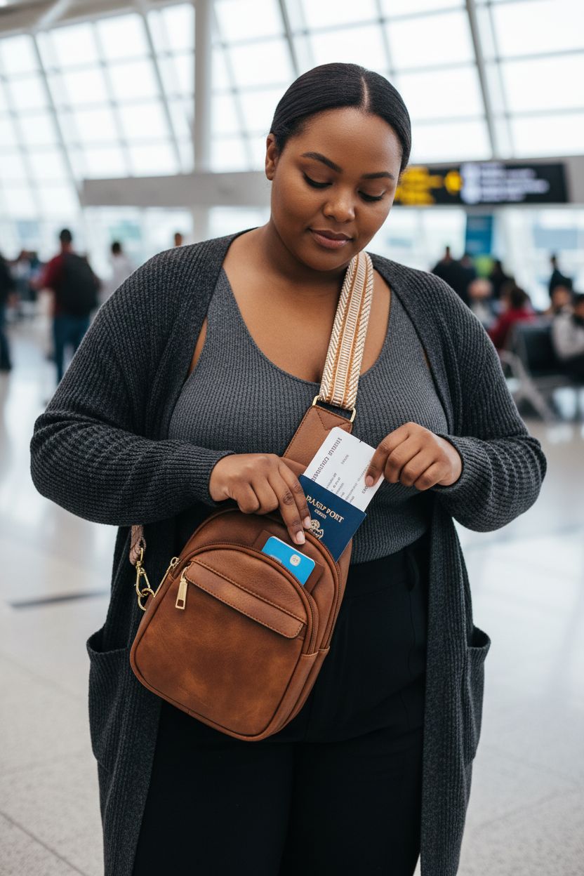 BOSTANTEN leather crossbody bag with gold zips in a travel setting.
