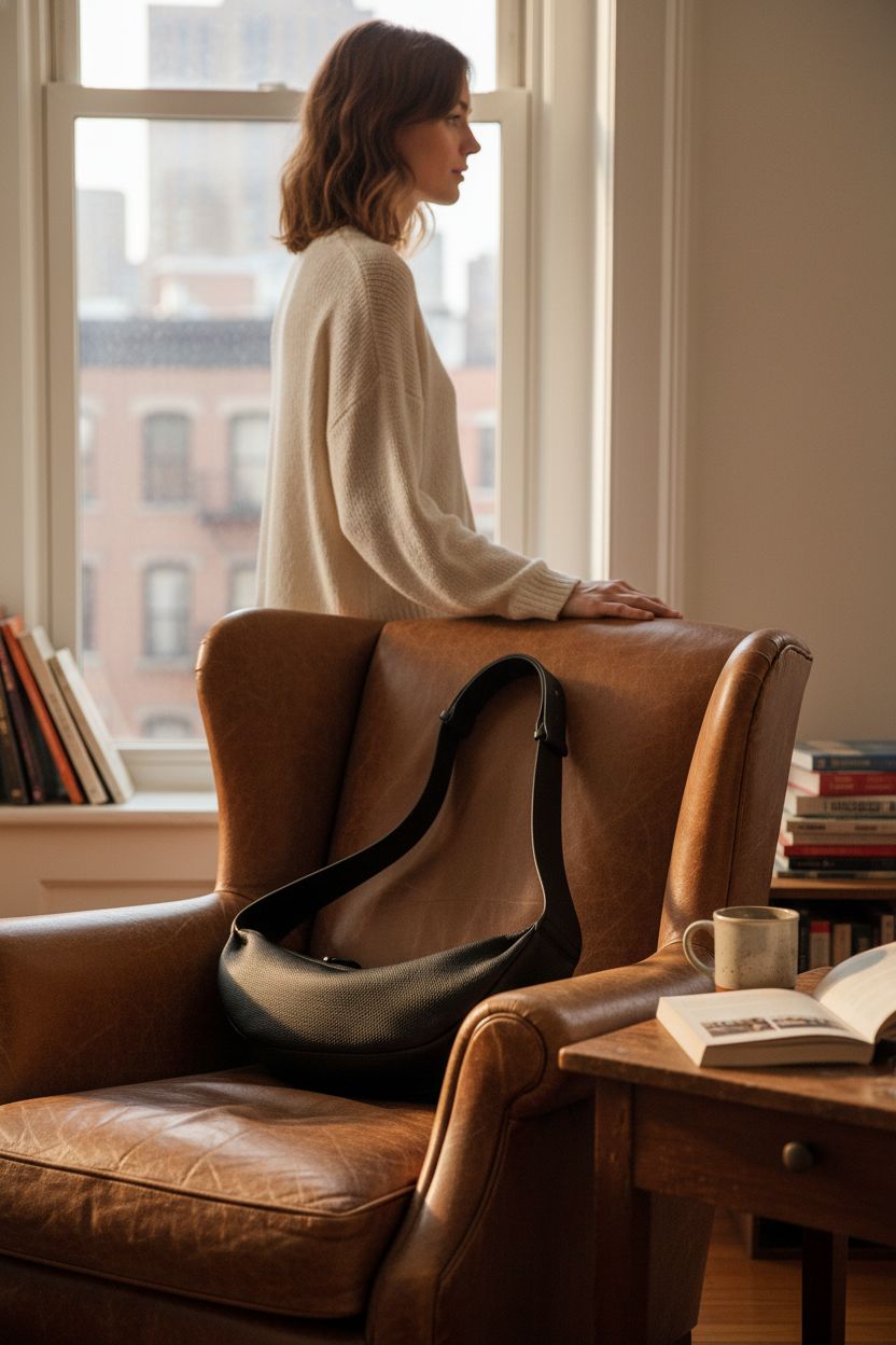 DONNAIN leather crescent bag resting in a cozy reading nook, emphasizing comfort and elegance.