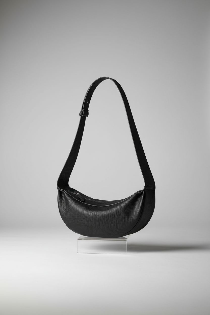 DONNAIN leather crescent crossbody bag displayed on a minimalistic backdrop, showcasing craftsmanship.