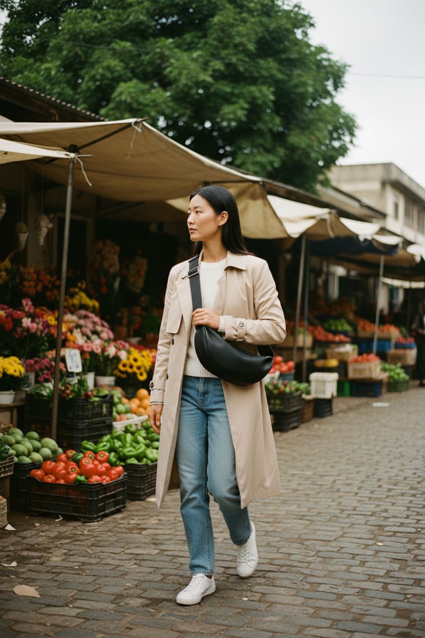 DONNAIN leather crescent bag worn at a vibrant street market, highlighting versatility and trendy style.