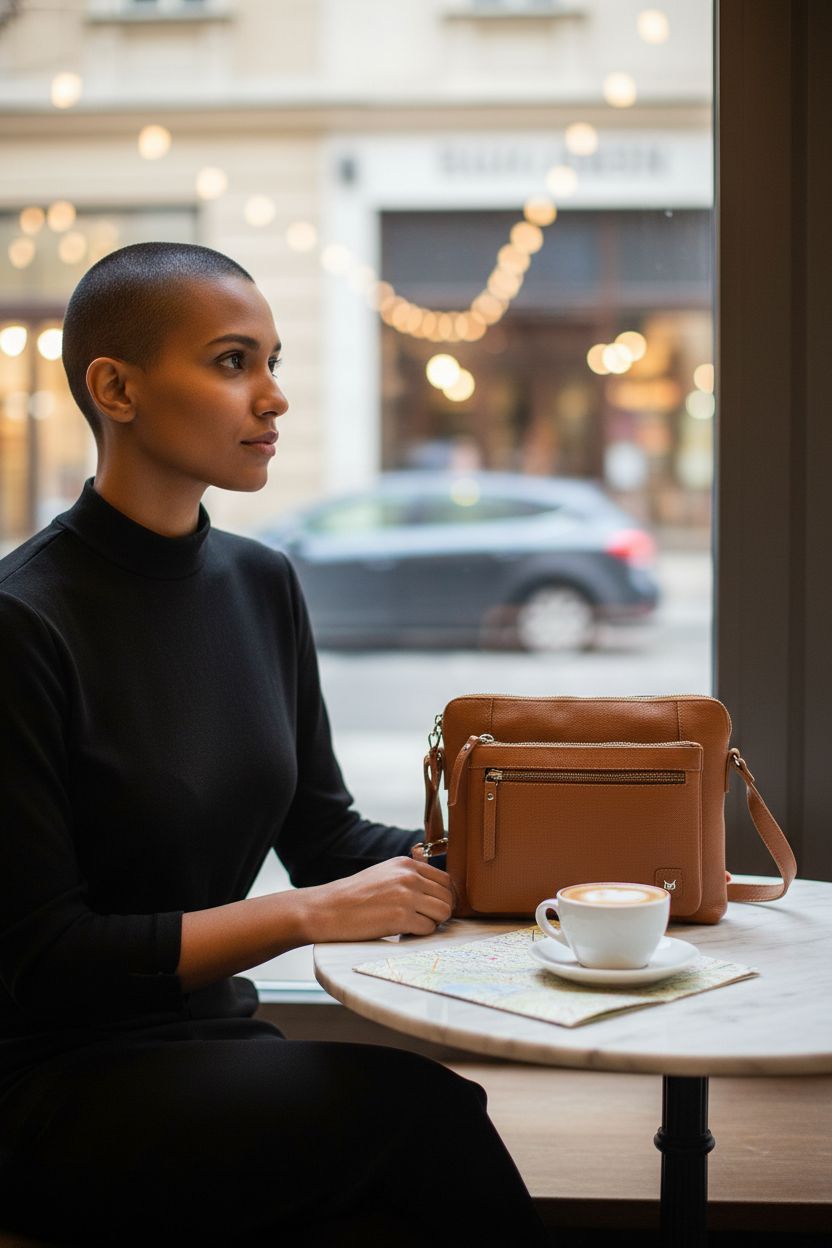 Cozy café scene featuring a Wise Owl Accessories cognac leather crossbody bag beside a coffee.