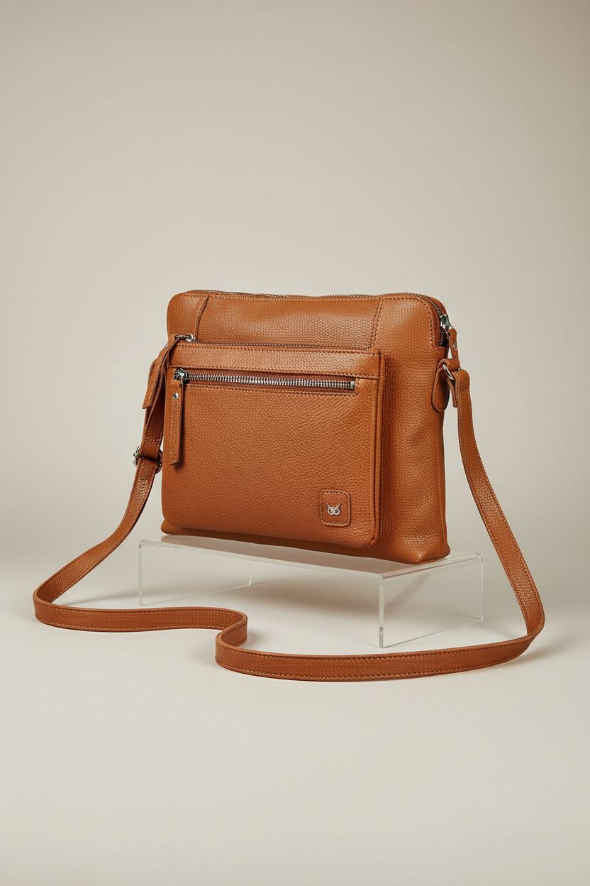 Close-up of Wise Owl Accessories cognac leather crossbody bag highlighting its premium texture.