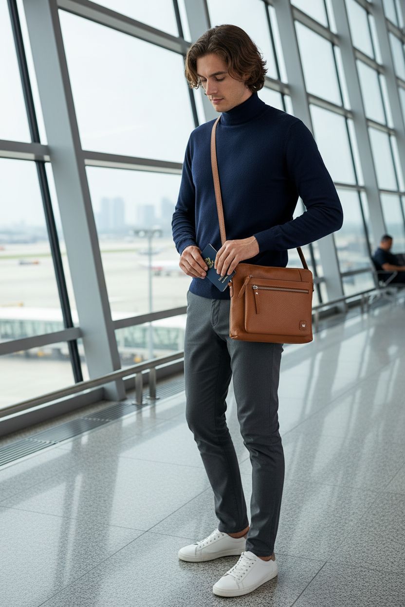 Cognac pebbled leather crossbody bag being used in a travel setting, perfect for on-the-go.