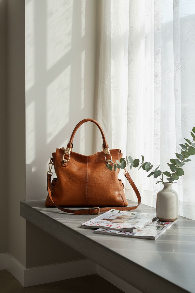 Kattee warm brown leather satchel resting on a stone bench in a cozy reading nook