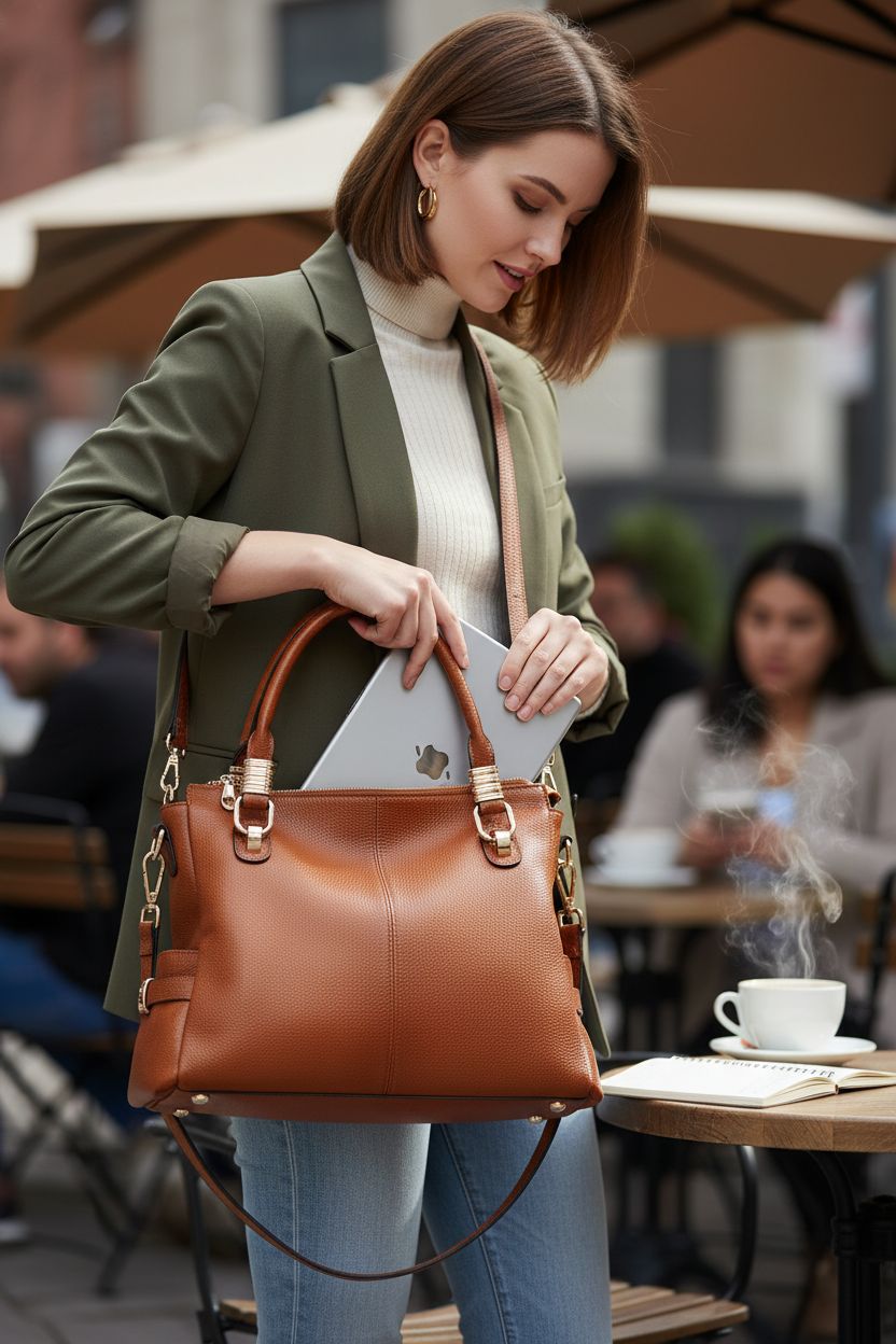Kattee brown leather purse with detachable strap, ideal for carrying a tablet