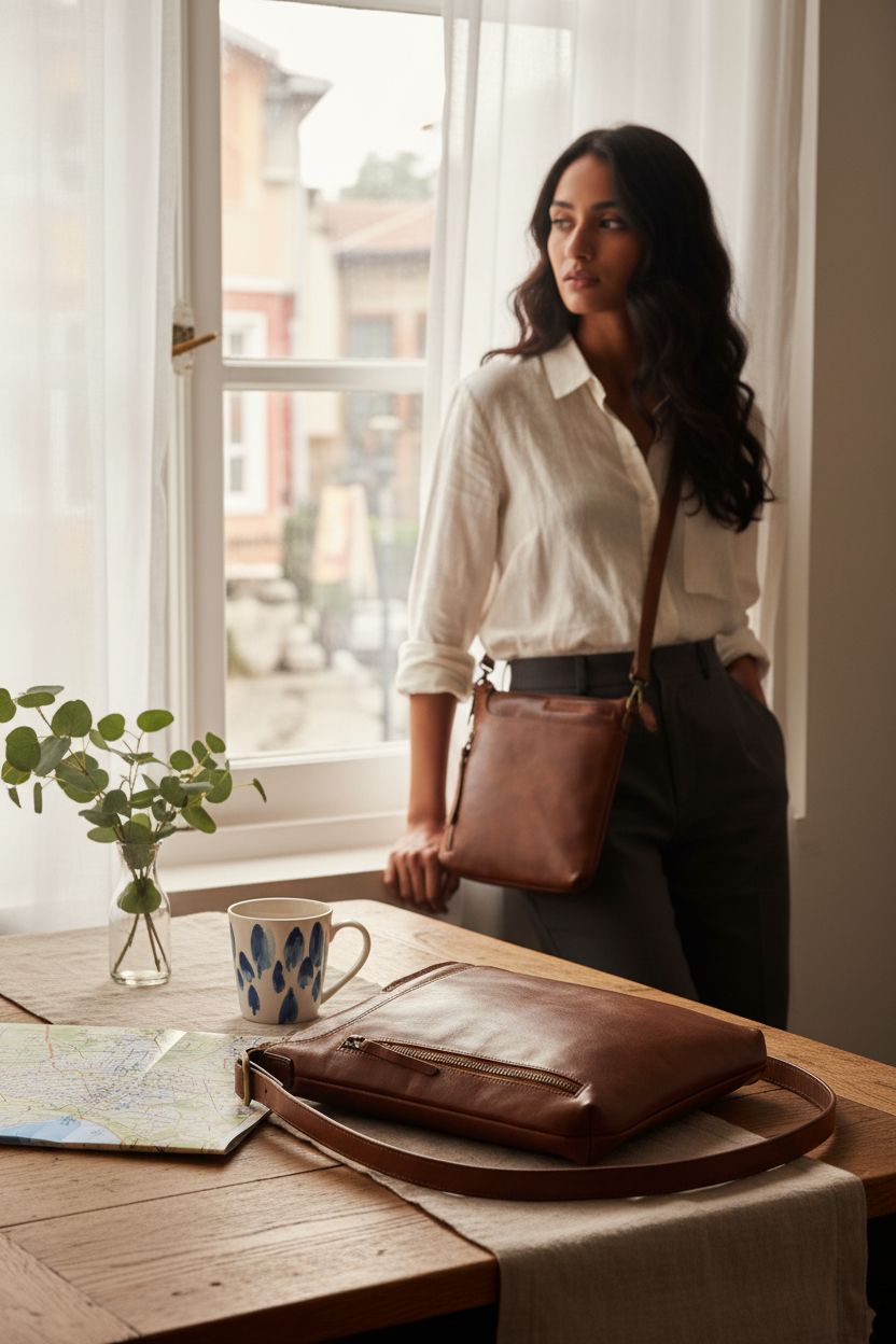 Oak Leathers leather purse resting on an oak table, surrounded by a cozy morning setting.