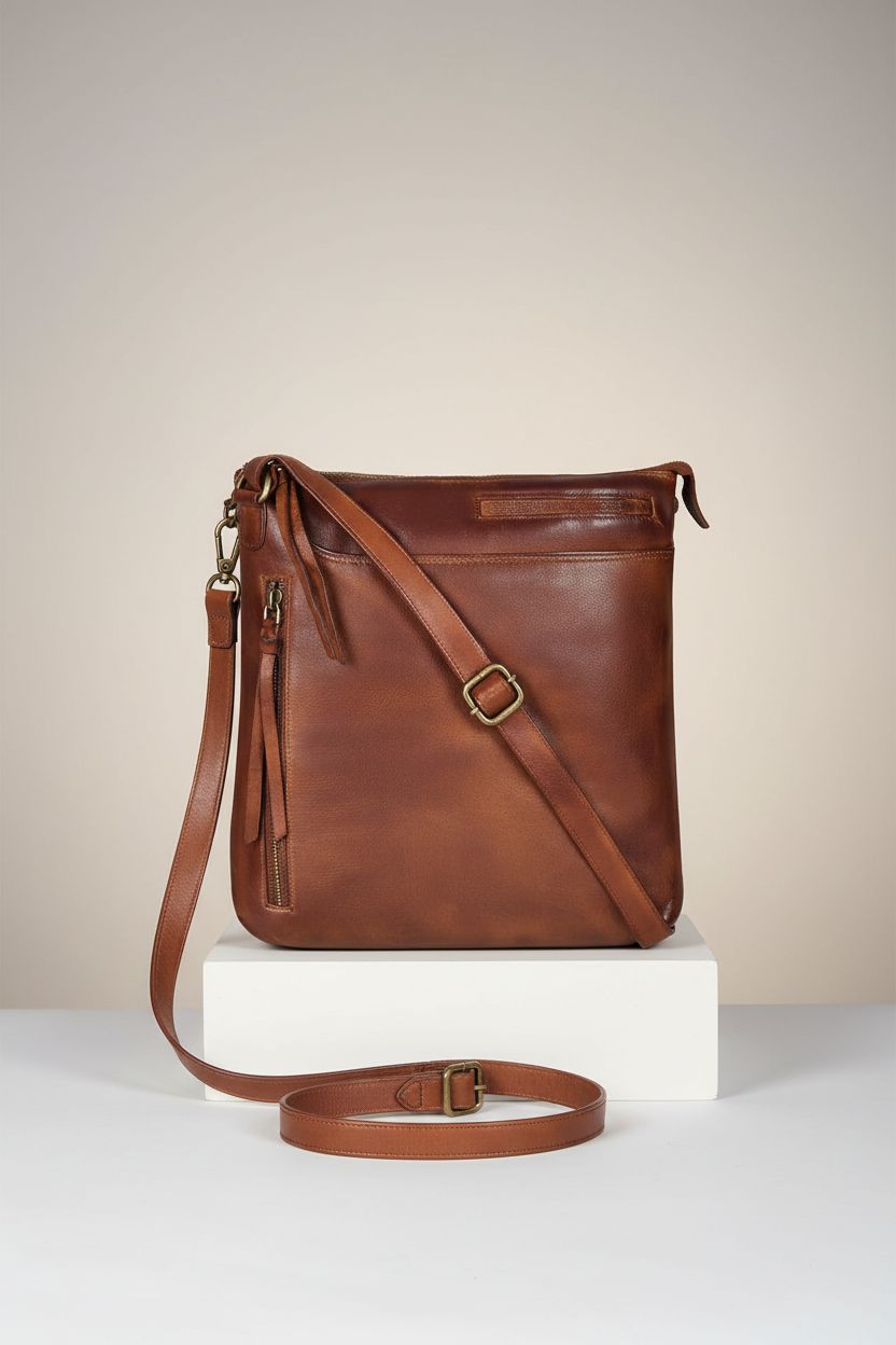 Close-up of Oak Leathers leather crossbody bag, showcasing fine stitching and quality materials.