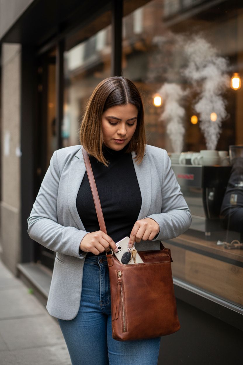 Warm brown leather crossbody bag by Oak Leathers, stylishly held while opening zipper.