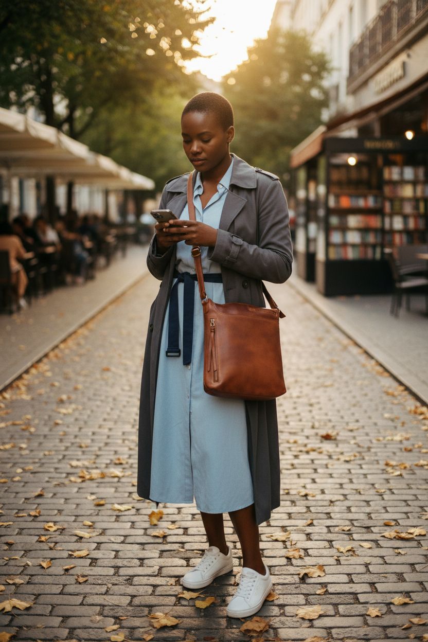 Brown leather crossbody purse from Oak Leathers, casually worn with a light blue shirt dress.