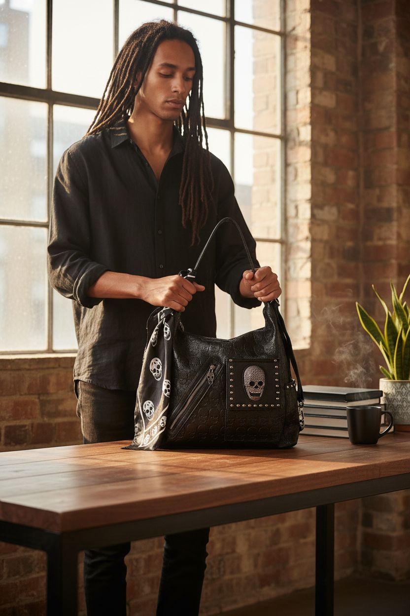 Downupdown leather skull purse on a rustic workbench, surrounded by art books and morning light in a loft.