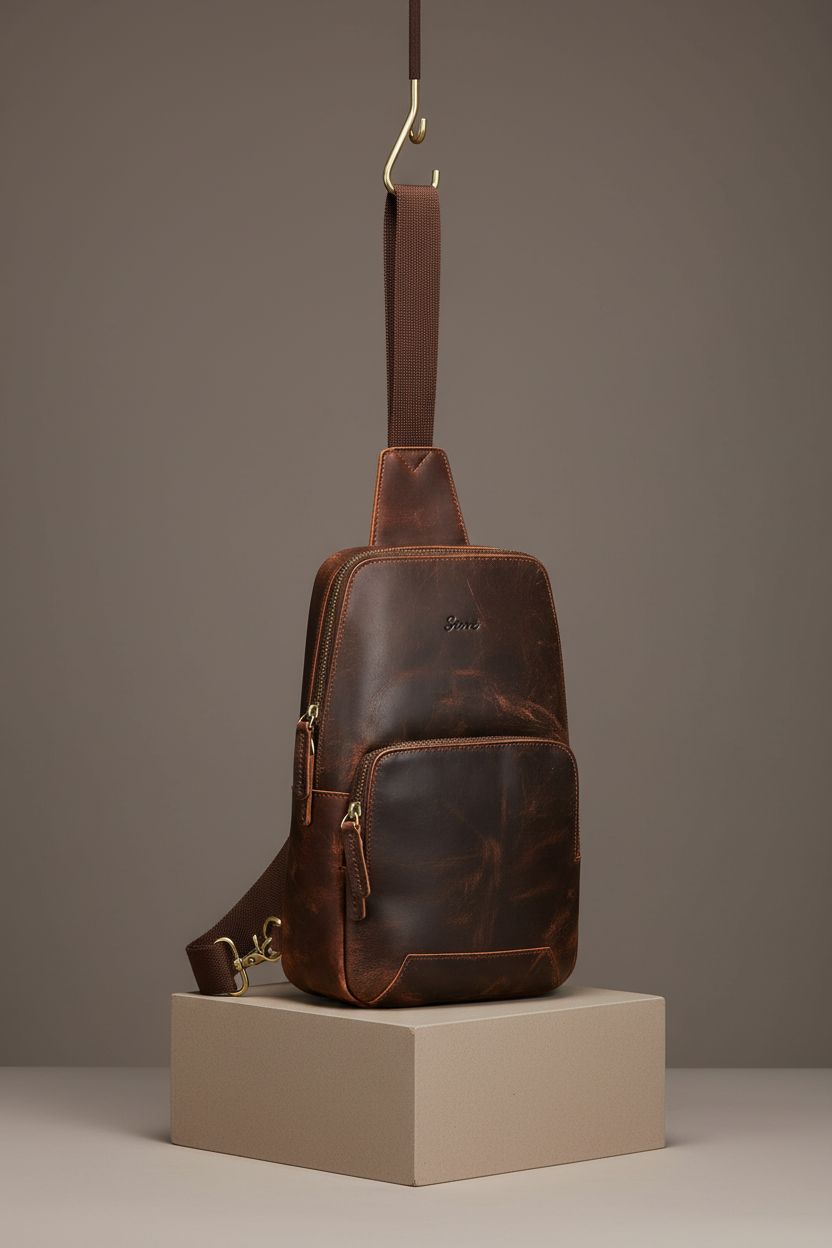 S-ZONE leather sling bag displayed on a studio backdrop, highlighting its design and storage features.