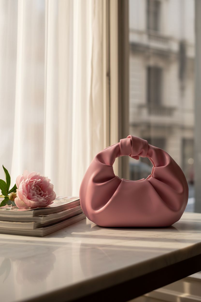 Verdusa light pink ruched purse resting on a marble table with magazines and a peony.