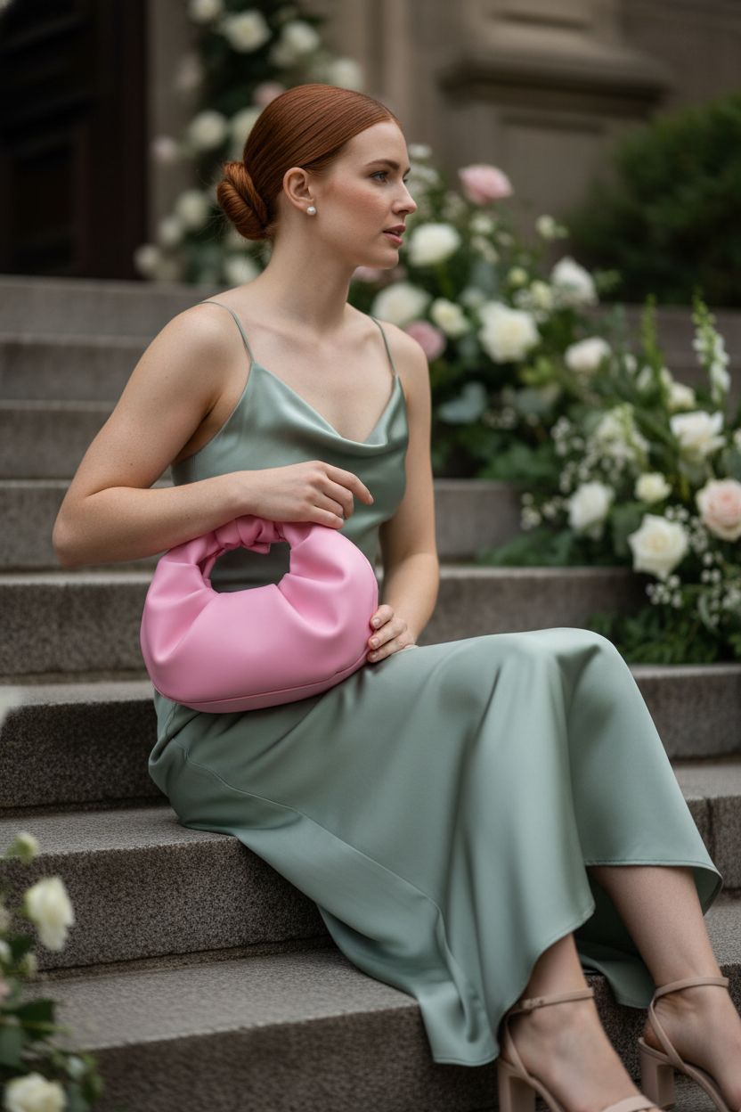 Light pink handbag by Verdusa, elegantly held against a sage satin dress during a wedding.