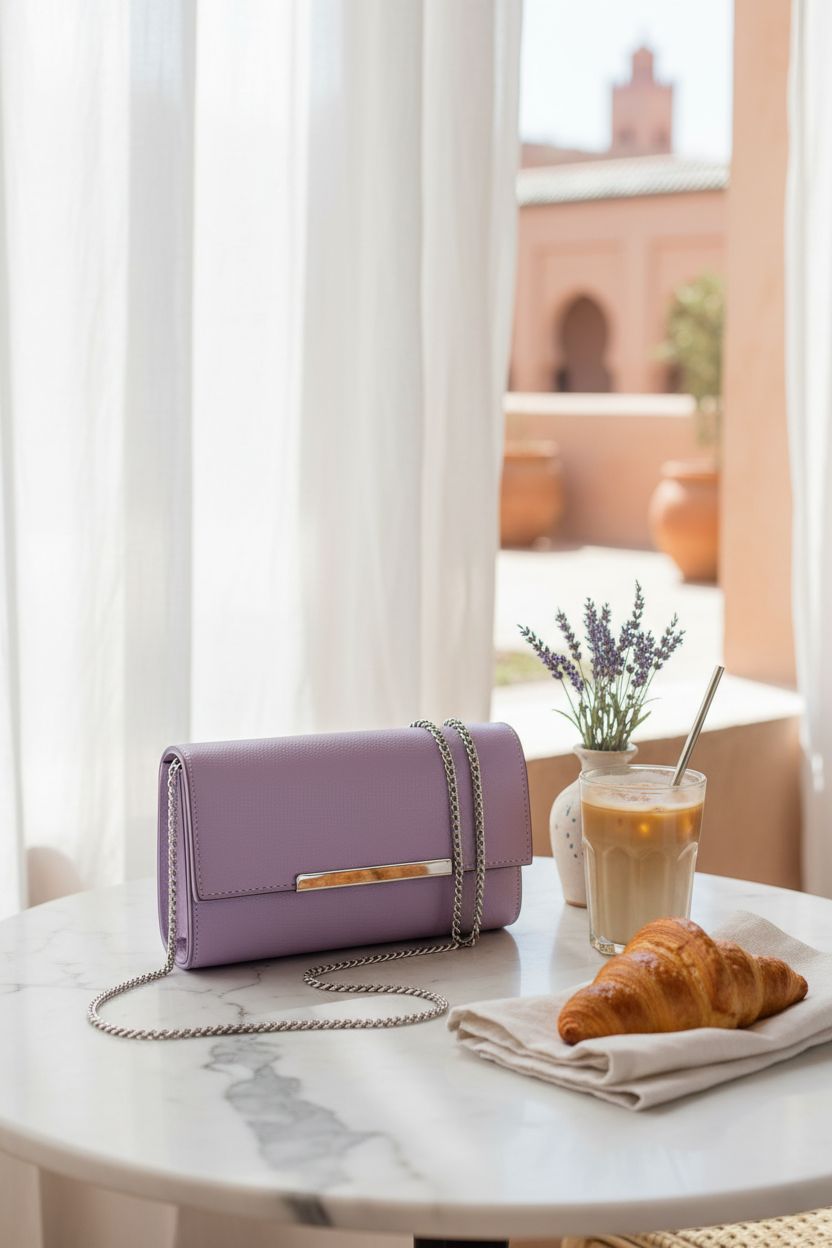 AFKOMST lilac purse on a marble table, perfect for casual outings