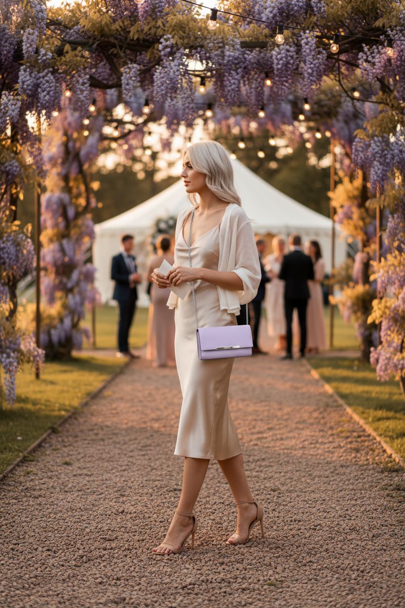 AFKOMST lilac crossbody purse stands out at a garden wedding setting