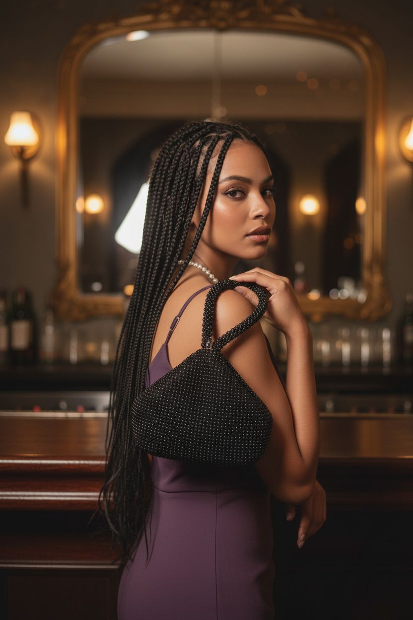Stylish BABEYOND black beaded bag resting on shoulder at a cozy cocktail bar setting.