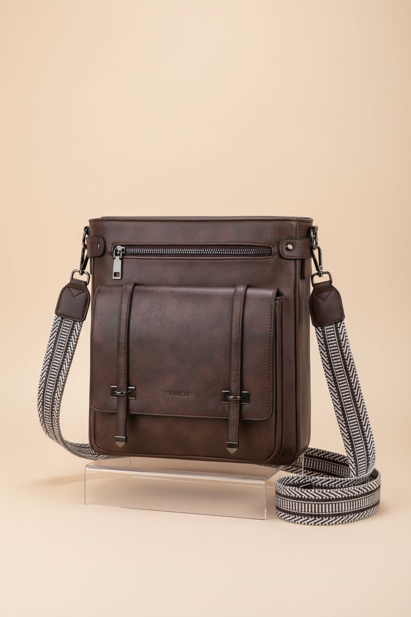 Roulens espresso vegan leather crossbody bag showcasing premium design and features