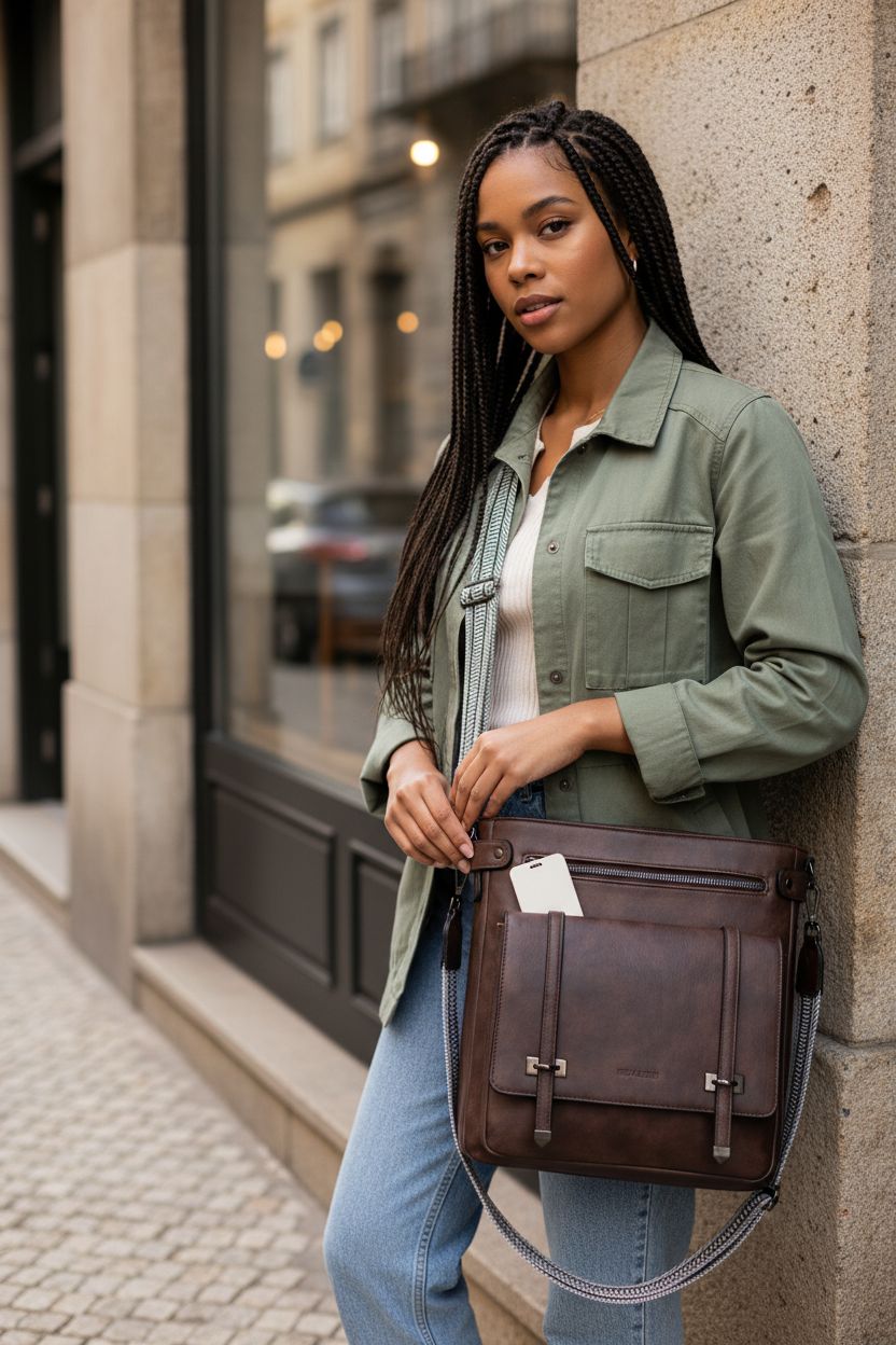 Roulens long strap crossbody bag in espresso vegan leather with accessible front pocket