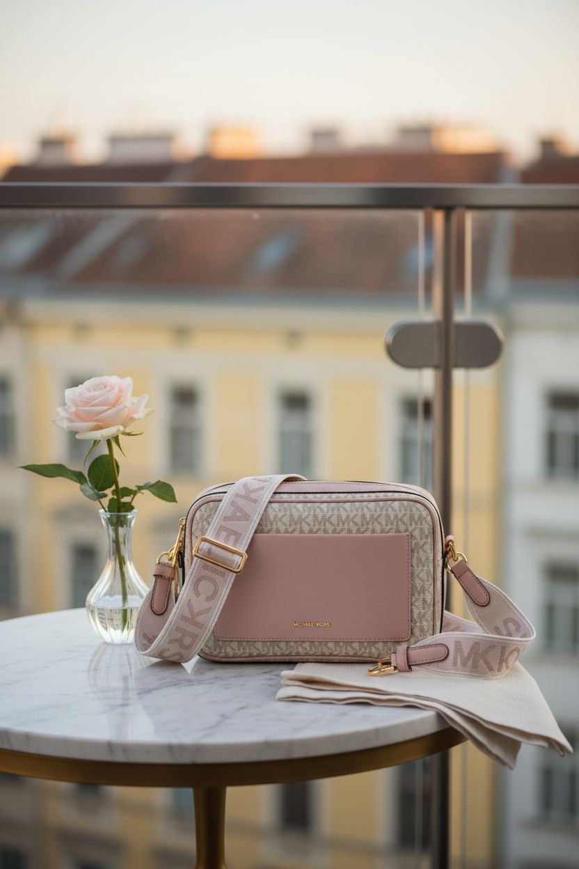 Michael Kors Maeve bag elegantly placed on a marble table with soft morning light and floral accents.