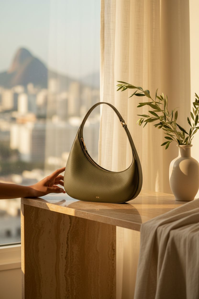 JW PEI Women's Harlee Shoulder Bag in dark olive, styled on a travertine console with natural elements.