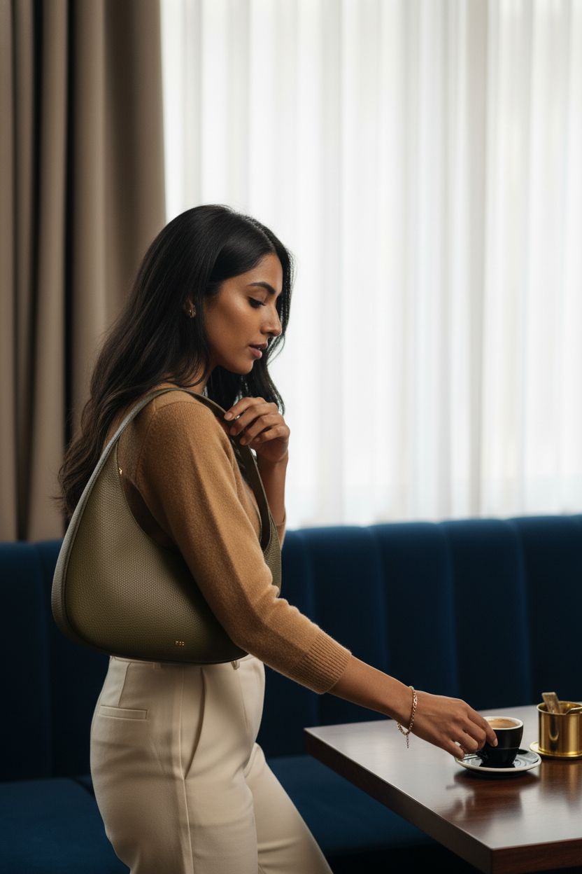 JW PEI Women's Harlee Shoulder Bag in dark olive, displayed in a chic boutique hotel setting.
