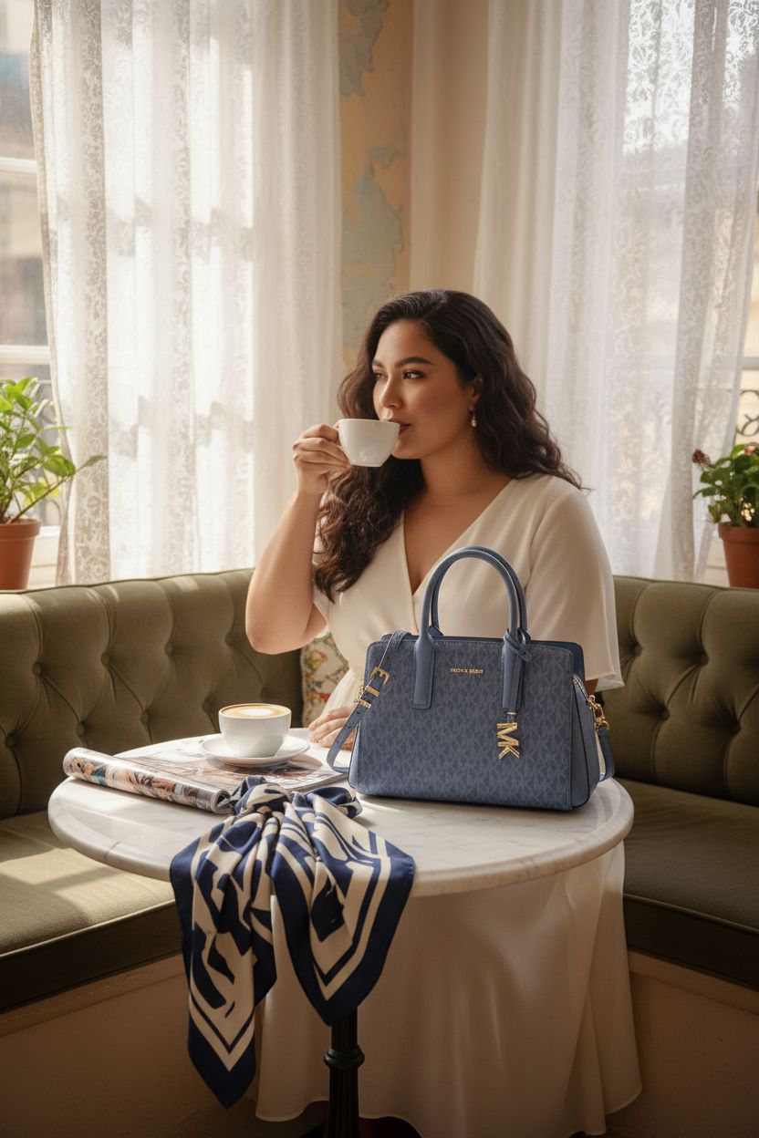 Michael Kors Laila Small Satchel in a sunlit apartment, paired with a cappuccino and fashion magazine.