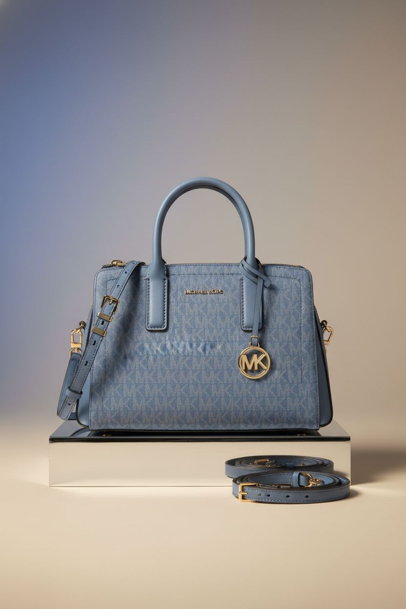 Close-up of Michael Kors French Blue satchel showcasing coated twill texture and gold MK charm.