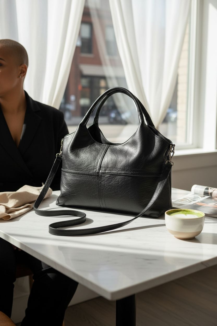 KOGTLA black tote showcased on a marble table beside a matcha cup, highlighting its luxury and style.