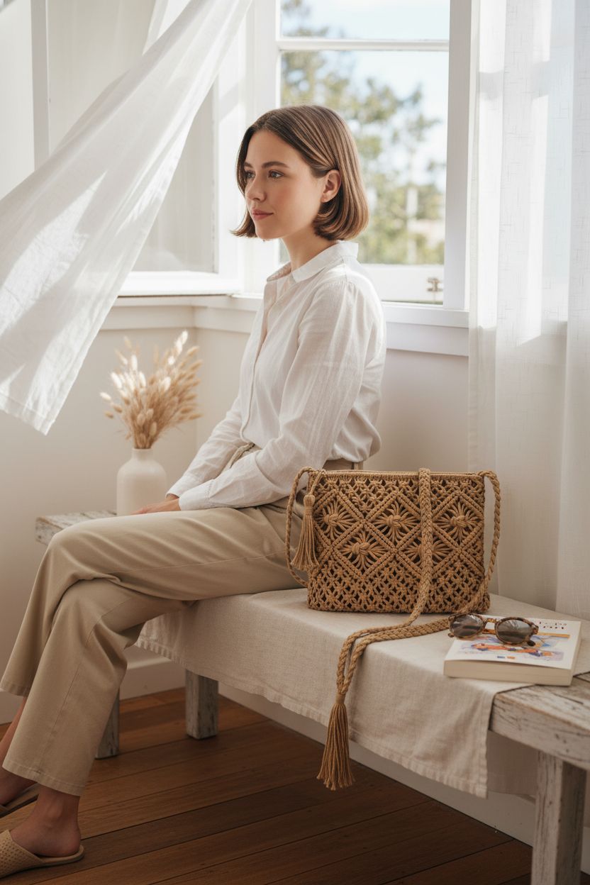 Youjaree macrame purse next to sunglasses and a book, enhancing a relaxed coastal bungalow vibe