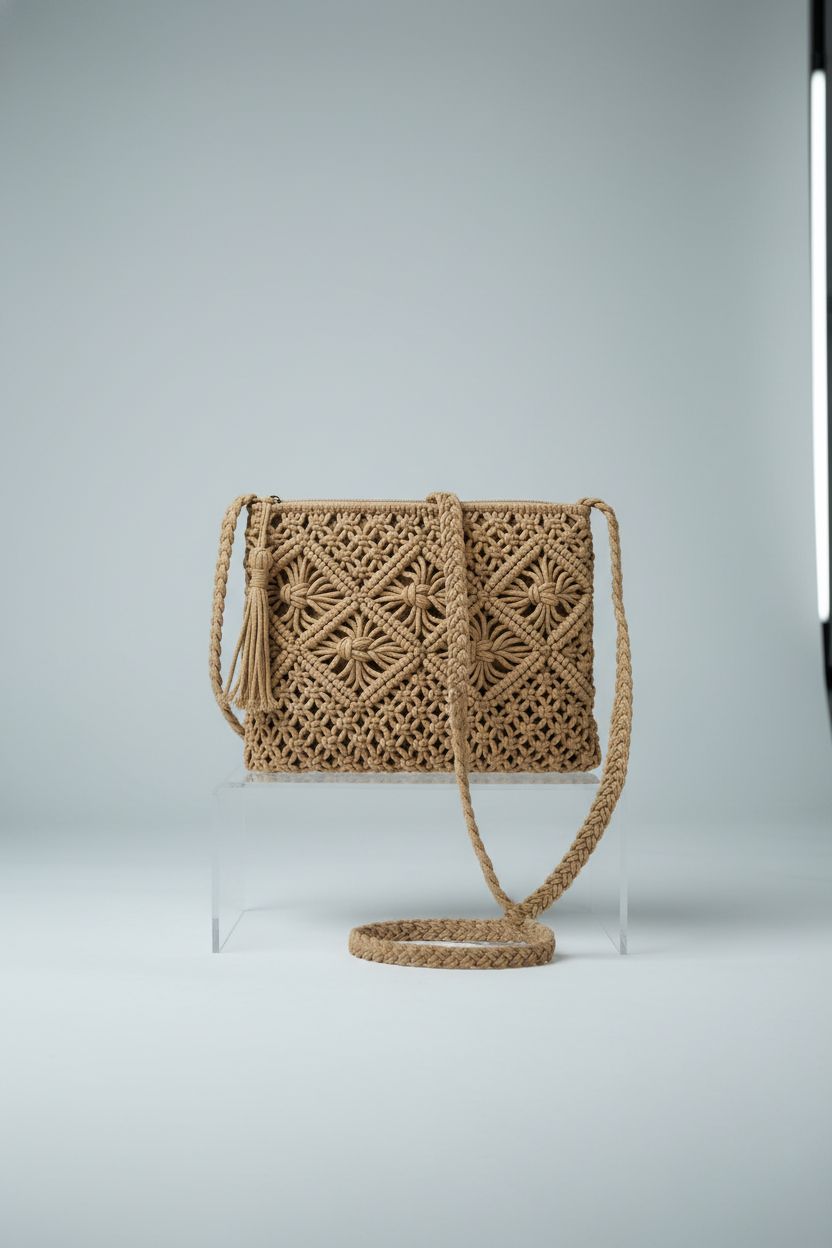 Youjaree light brown macrame handbag displayed on acrylic riser, showcasing its handmade quality