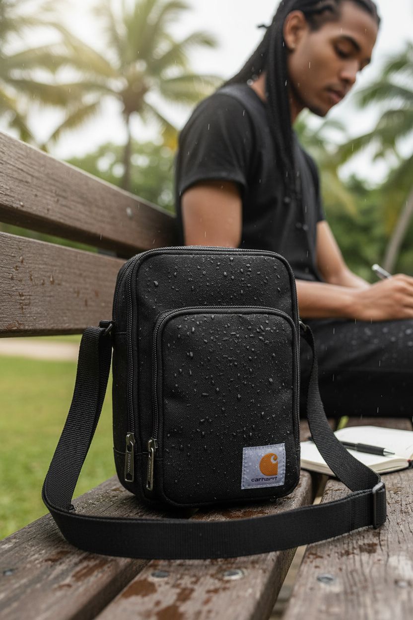 Carhartt Crossbody Zip Bag on a wooden bench, highlighting water-repellent fabric in a natural setting.