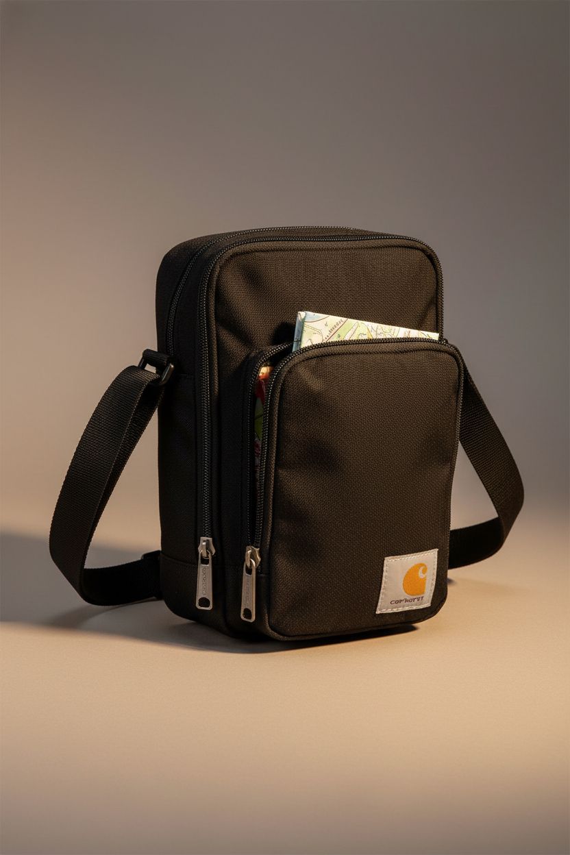 Carhartt Crossbody Zip Bag displayed on a studio backdrop, emphasizing its organized interior and quality materials.