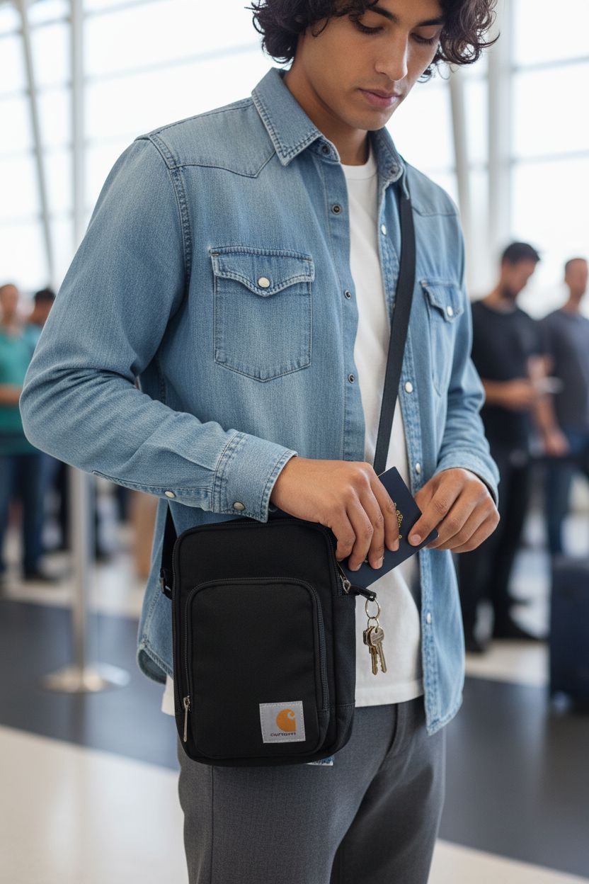 Carhartt Crossbody Zip Bag at an airport check-in, showcasing durable black fabric and zipper closure.
