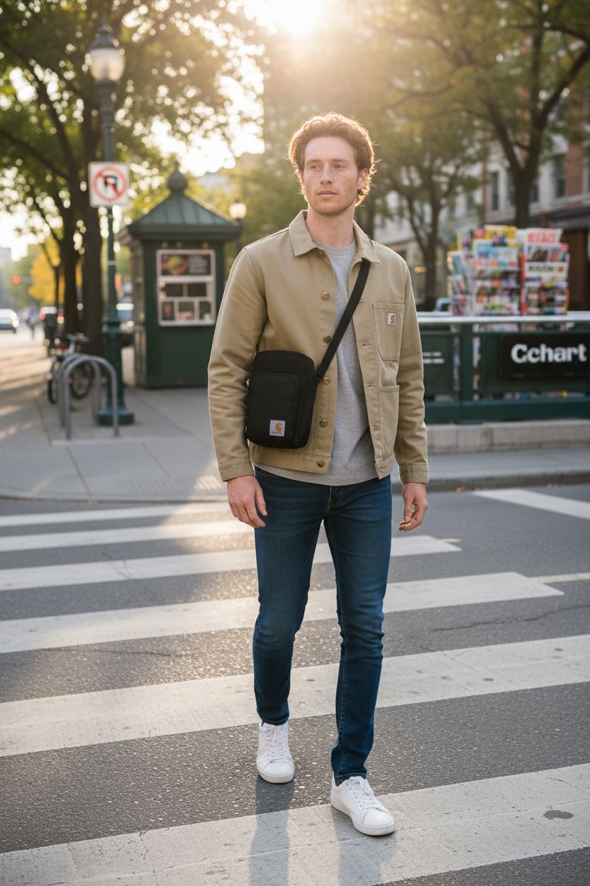 Carhartt Crossbody Zip Bag worn crossbody, perfect for urban commuting with a sleek design.