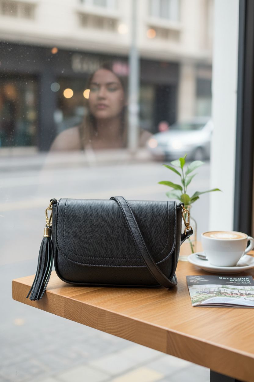 EVVE matte black crossbody bag resting on a café table with cappuccino and greenery, exuding a cozy vibe.